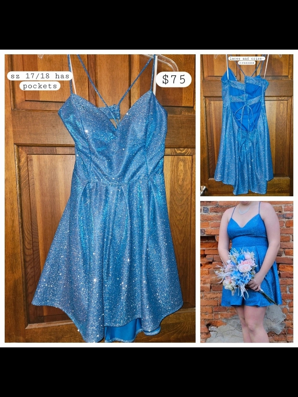 Girls Sparkle Blue Fit & Flare Party Dress with Spaghetti Straps